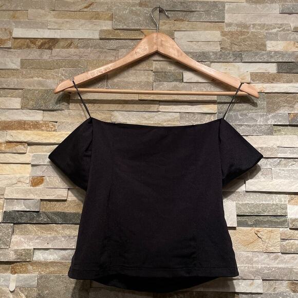 Chanel 23S Black Jersey Off-Shoulder Bow Top | Rare Crystal CC Logo FR 36 - Picture 5 of 12